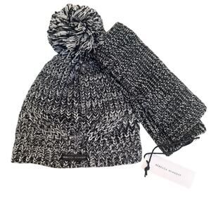 Rebecca Minkoff Marled Gray Pom Pom Beanie Hat and Arm Warmers Set Open Fingers